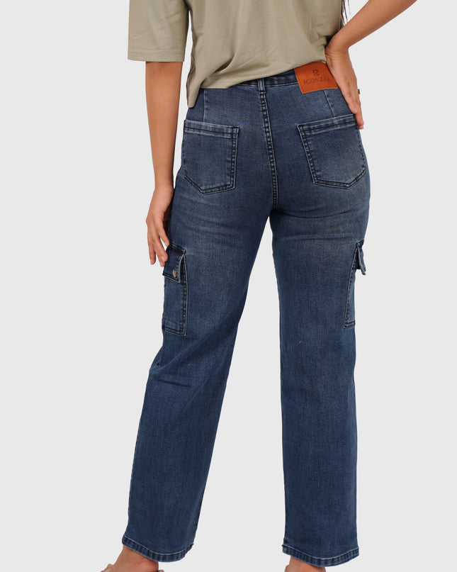 Women’s Dark Blue Straight Fit Stretchable Cargo Denim Jeans