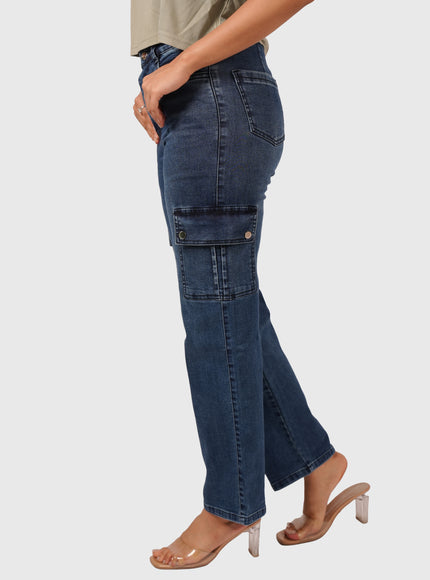 Women’s Dark Blue Straight Fit Stretchable Cargo Denim Jeans