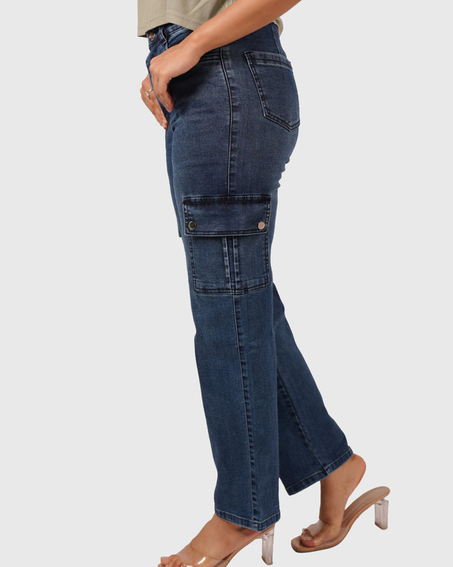 Women’s Dark Blue Straight Fit Stretchable Cargo Denim Jeans