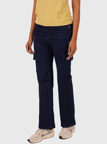 Women’s Navy Blue Full-Length 6-Pocket Cargo Jeans