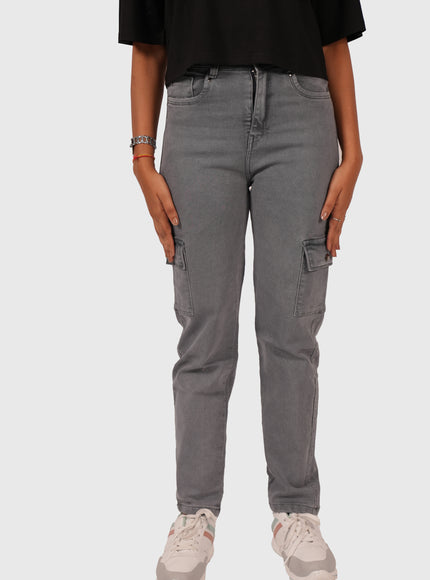 Women’s Grey Full-Length Straight Fit Stretchable Cargo Jeans