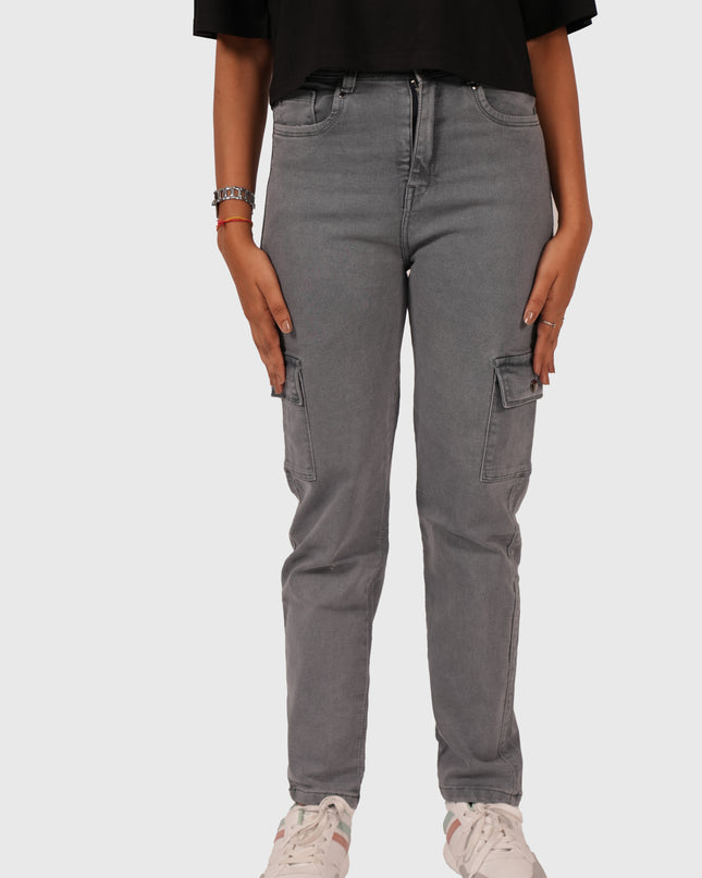 Women’s Grey Full-Length Straight Fit Stretchable Cargo Jeans