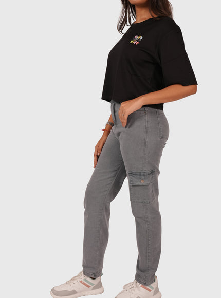 Women’s Grey Full-Length Straight Fit Stretchable Cargo Jeans