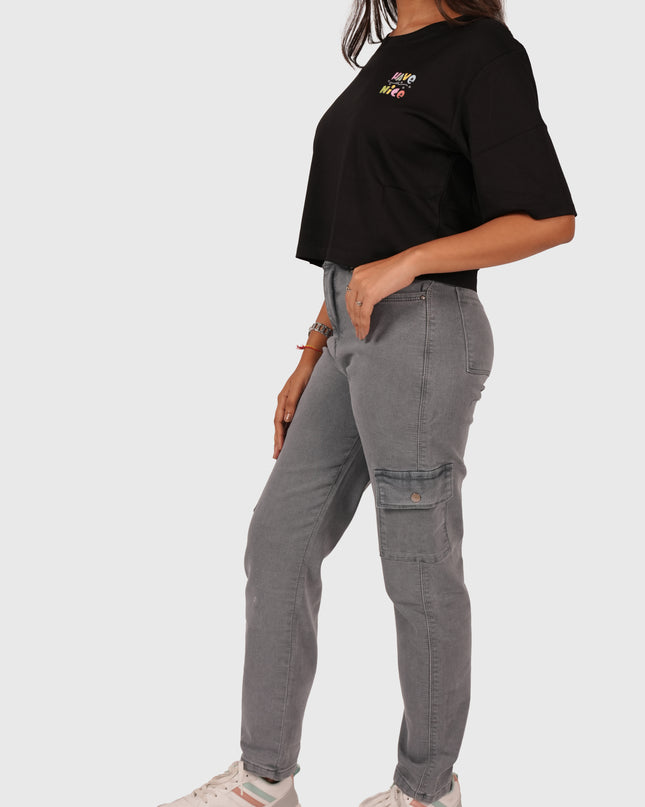 Women’s Grey Full-Length Straight Fit Stretchable Cargo Jeans