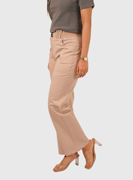 Women’s Light Beige Straight Fit Smocking Belt Bukkid Pants