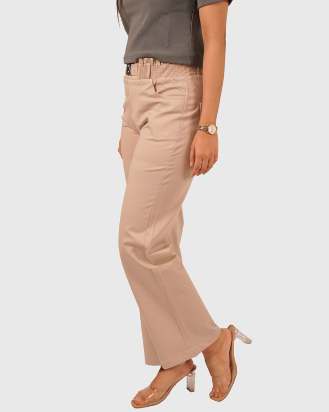 Women’s Light Beige Straight Fit Smocking Belt Bukkid Pants