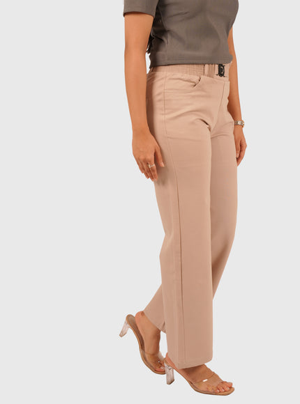 Women’s Light Beige Straight Fit Smocking Belt Bukkid Pants