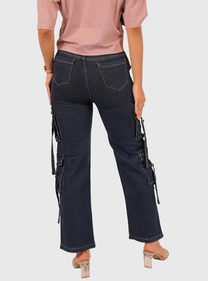 Women’s Blue Full-Length Stretchable Cargo Jeans