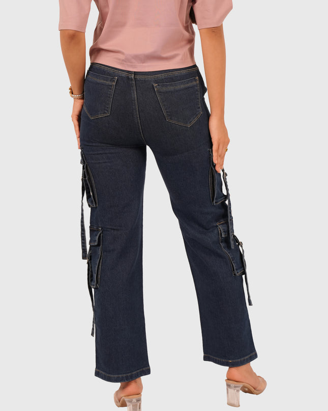 Women’s Blue Full-Length Stretchable Cargo Jeans
