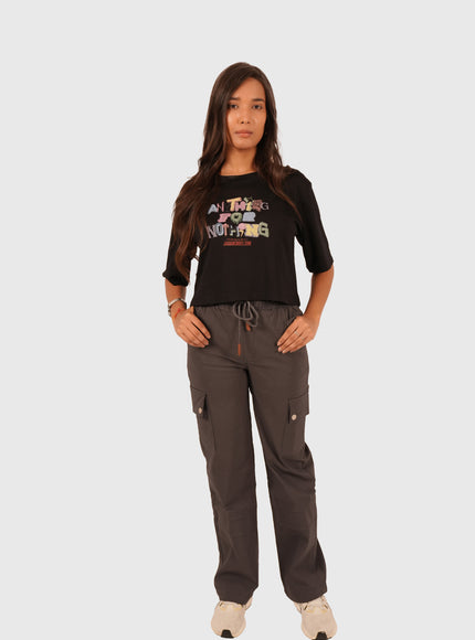 Women’s Charcoal Grey Straight Fit Cargo Korean Pants – Stretchable