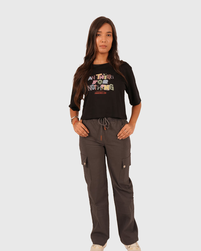 Women’s Charcoal Grey Straight Fit Cargo Korean Pants – Stretchable