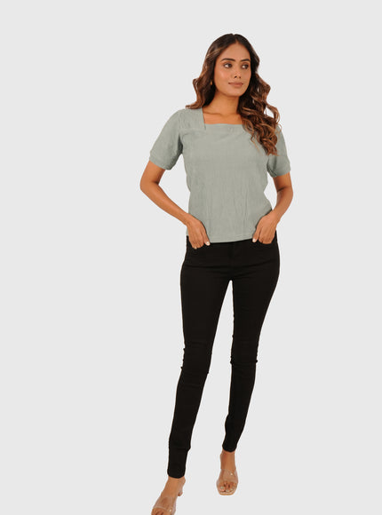 Women’s Sage Green Regular Fit Square Neck Top