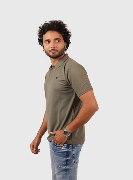 Men’s Olive Green Polo T-Shirt with Zip Collar – Casual Regular Fit
