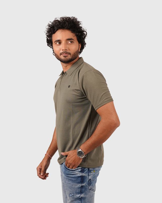 Men’s Olive Green Polo T-Shirt with Zip Collar – Casual Regular Fit