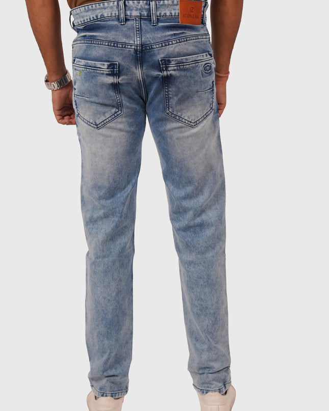 Men’s Light Blue Acid Wash Comfort Fit Knitted Jeans