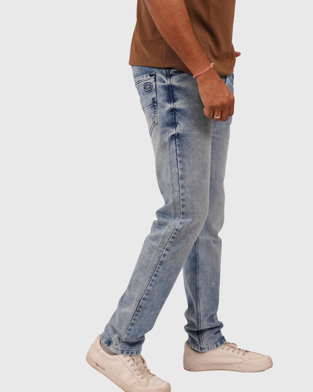 Men’s Light Blue Acid Wash Comfort Fit Knitted Jeans