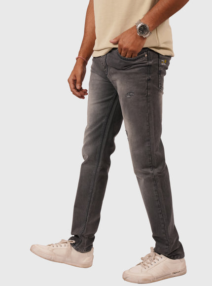 Men’s Dark Grey Narrow Fit Distressed Jeans – Stretchable Denim