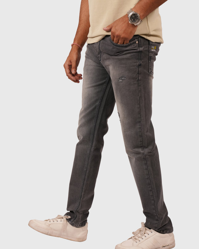 Men’s Dark Grey Narrow Fit Distressed Jeans – Stretchable Denim