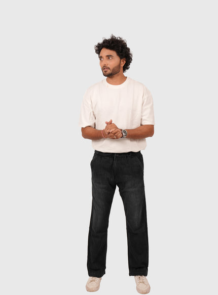 Men’s Relaxed Fit Black Jeans with White Wash