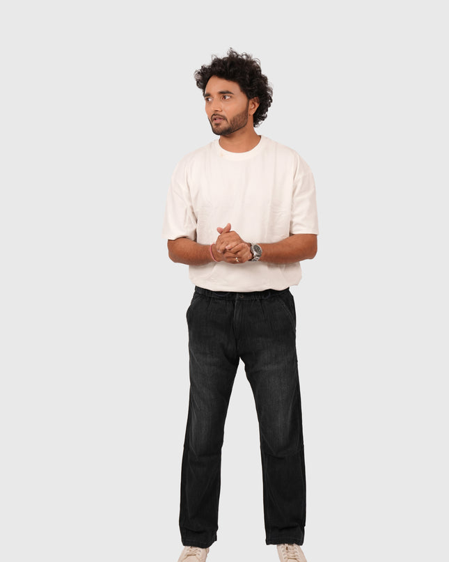 Men’s Relaxed Fit Black Jeans with White Wash