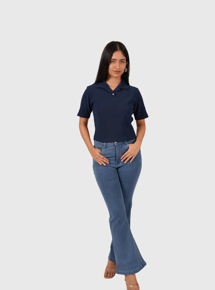 Women’s Navy Blue Polo Crop T-Shirt with Button