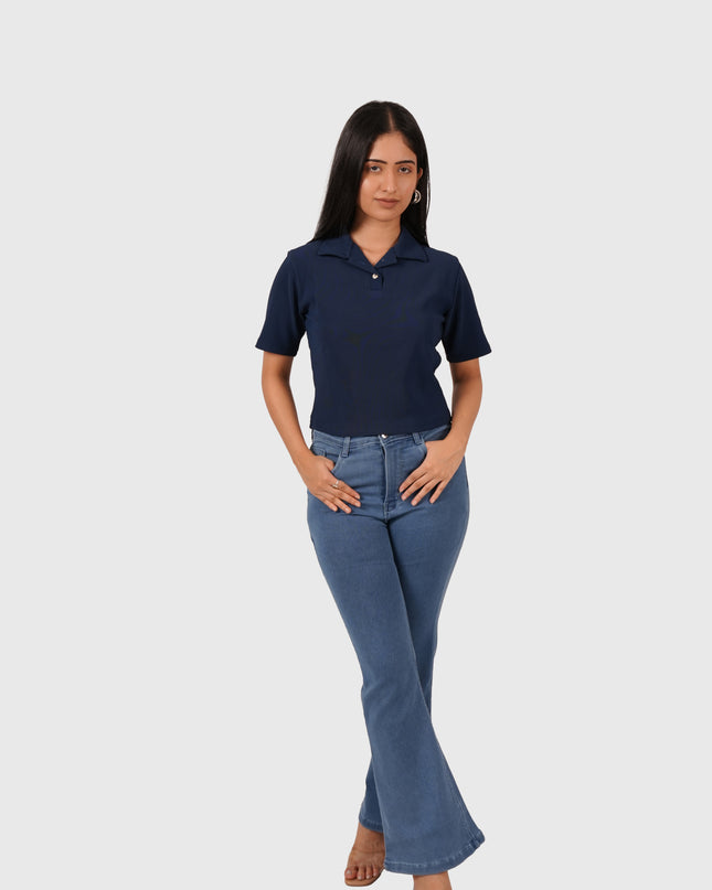 Women’s Navy Blue Polo Crop T-Shirt with Button