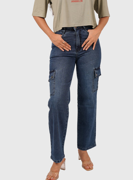Women’s Dark Blue Straight Fit Stretchable Cargo Denim Jeans