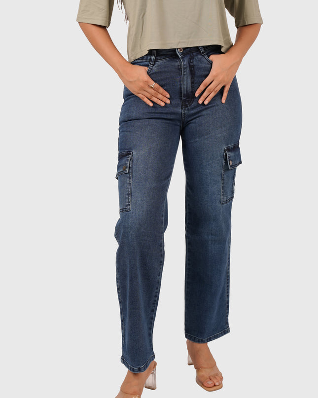 Women’s Dark Blue Straight Fit Stretchable Cargo Denim Jeans