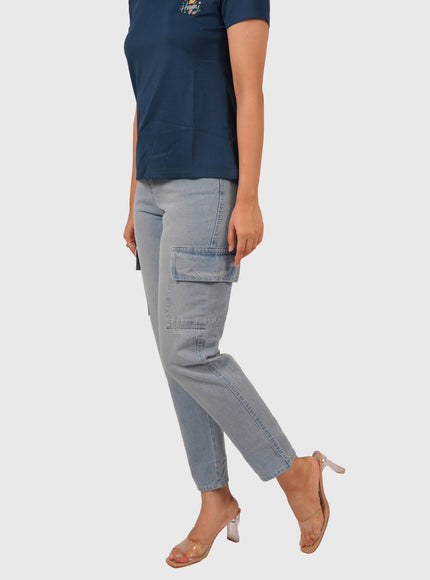 Women’s Sky Blue Mom Fit Cargo Jeans