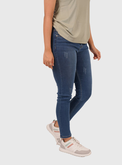 Women’s Mid Blue Stretchable Damaged Jeans – Blue Hint with White Wash