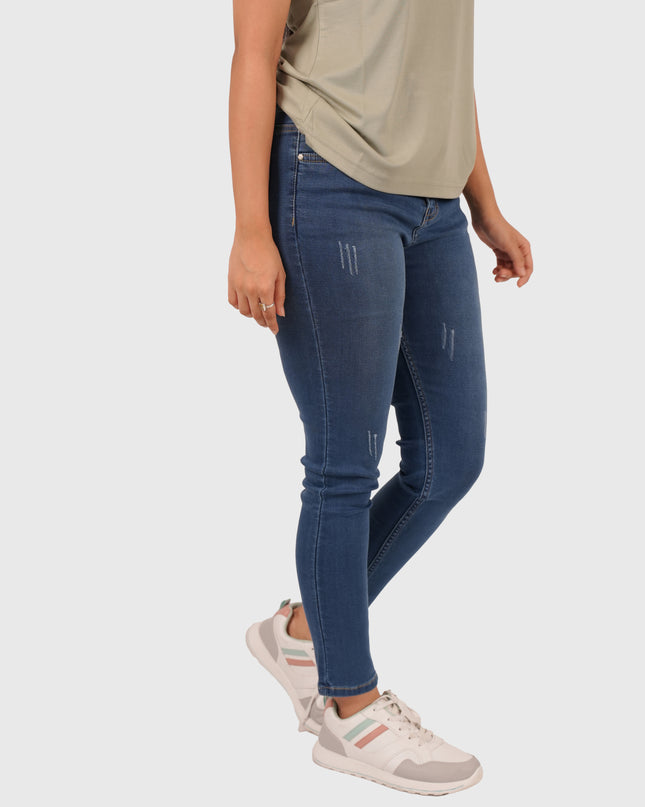 Women’s Mid Blue Stretchable Damaged Jeans – Blue Hint with White Wash