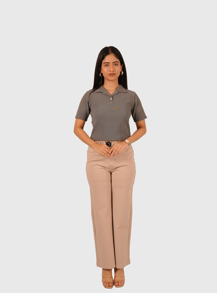 Women’s Light Beige Straight Fit Smocking Belt Bukkid Pants