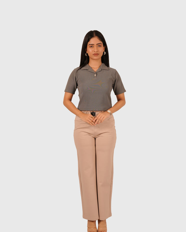 Women’s Light Beige Straight Fit Smocking Belt Bukkid Pants