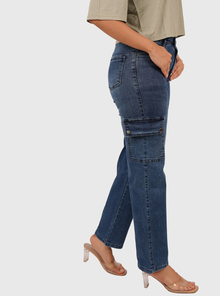 Women’s Dark Blue Straight Fit Stretchable Cargo Denim Jeans