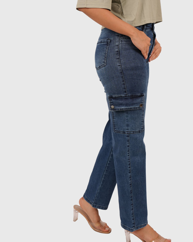 Women’s Dark Blue Straight Fit Stretchable Cargo Denim Jeans