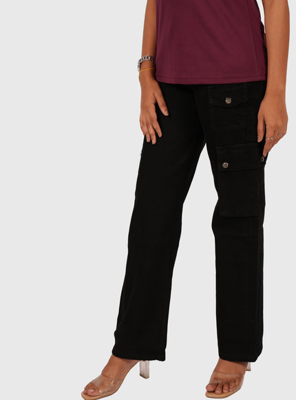Women’s Jet Black Cargo Denim – Elastic Fitting