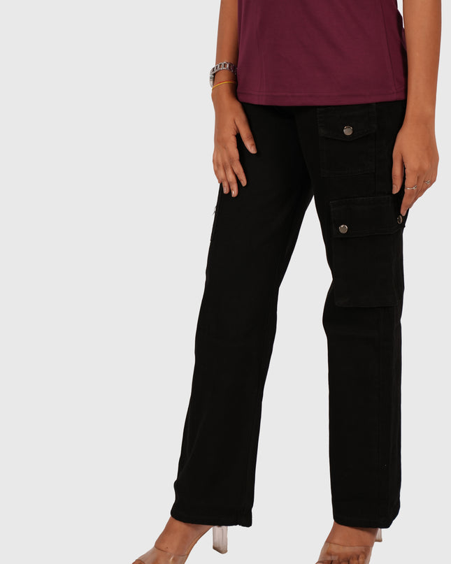 Women’s Jet Black Cargo Denim – Elastic Fitting