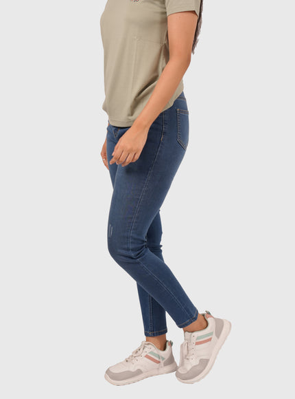 Women’s Mid Blue Stretchable Damaged Jeans – Blue Hint with White Wash