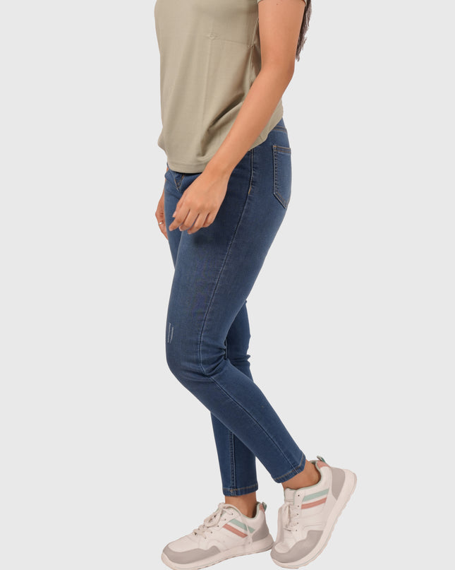 Women’s Mid Blue Stretchable Damaged Jeans – Blue Hint with White Wash