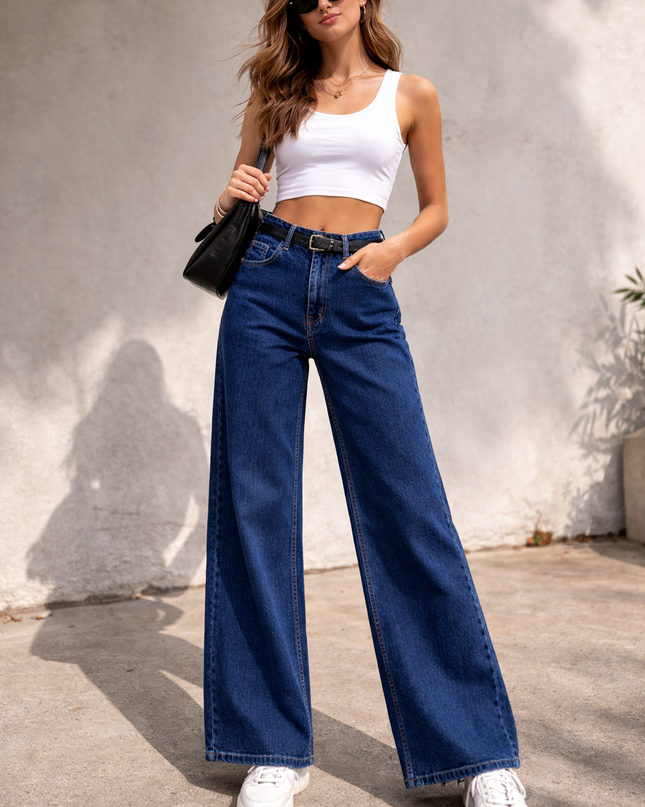 Women’s Dark Blue Wide Leg Stretchable Jeans – High Waist | Full Length