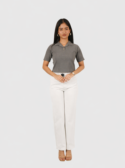 Women’s White Straight Fit Smocking Belt Bukkid Pants