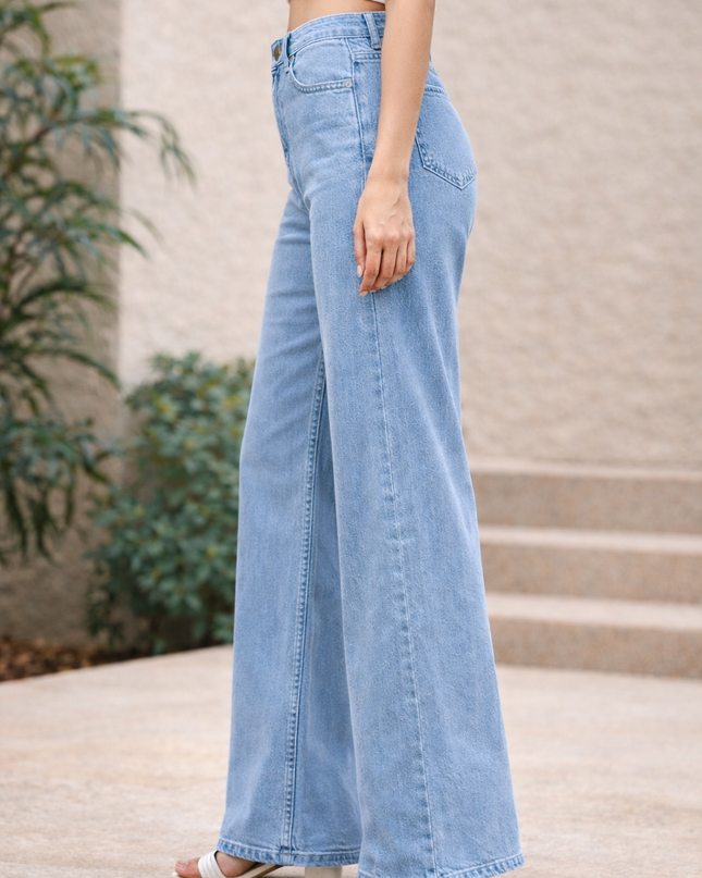 Women’s Light Blue Wide Leg Stretchable Jeans – High Waist | Full Length