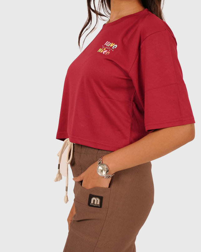 Women’s Maroon Oversized Crop T-Shirt