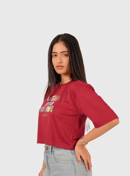 Women’s Deep Red Oversized Crop T-Shirt