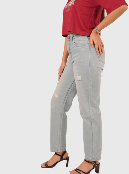 Women’s Light Wash Blue Elastic Waist Mom Fit Torn Jeans