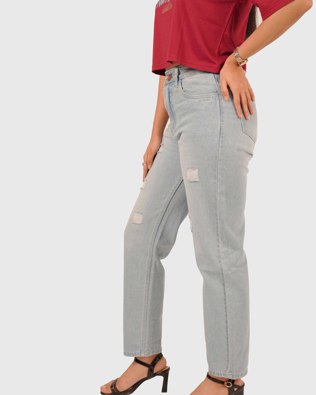 Women’s Light Wash Blue Elastic Waist Mom Fit Torn Jeans
