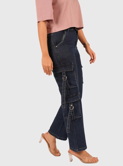 Women’s Blue Full-Length Stretchable Cargo Jeans