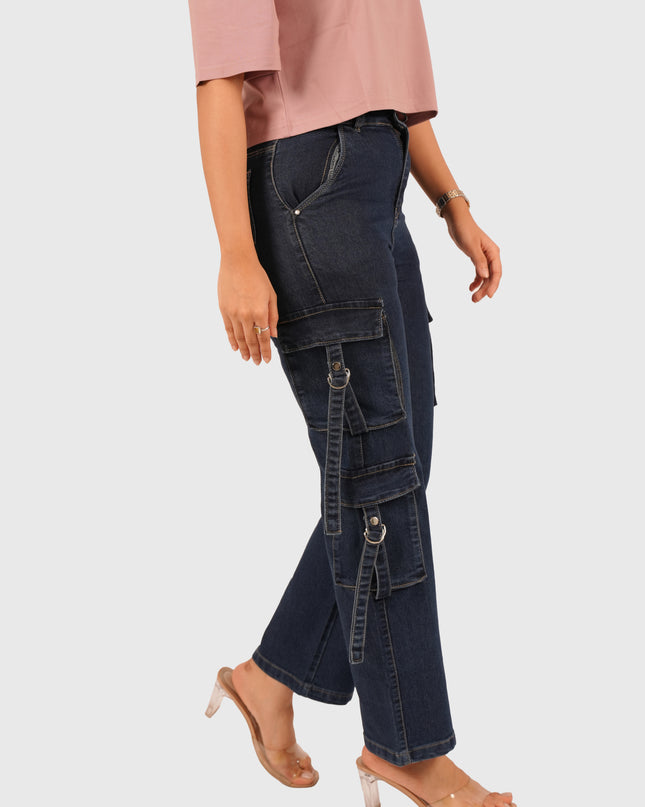 Women’s Blue Full-Length Stretchable Cargo Jeans