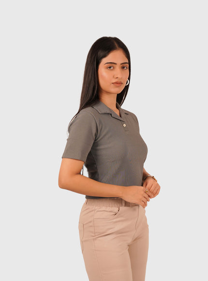 Women’s Grey Polo Crop T-Shirt with Button