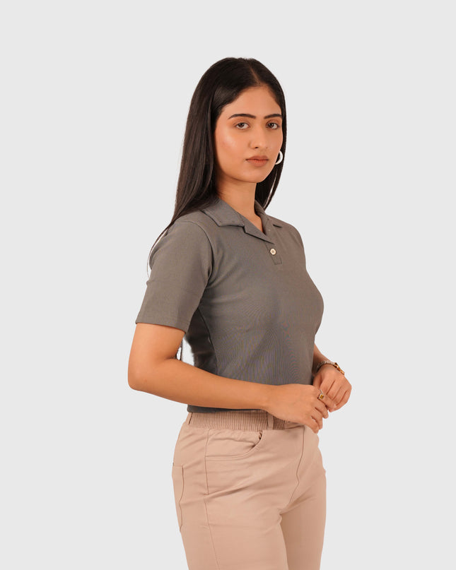 Women’s Grey Polo Crop T-Shirt with Button